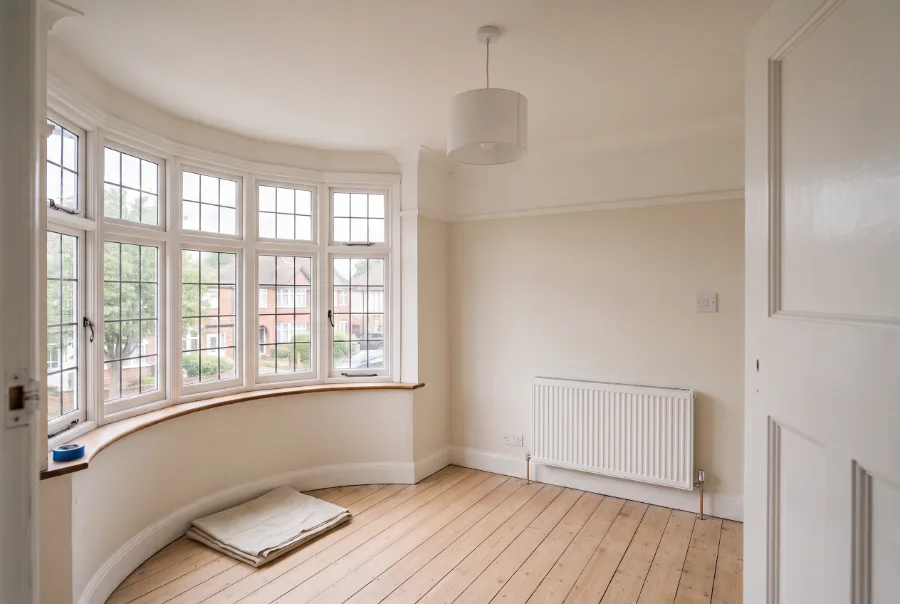 Redecorated 1930s bedroom in Wimbledon with new sockets and sanded floorboards